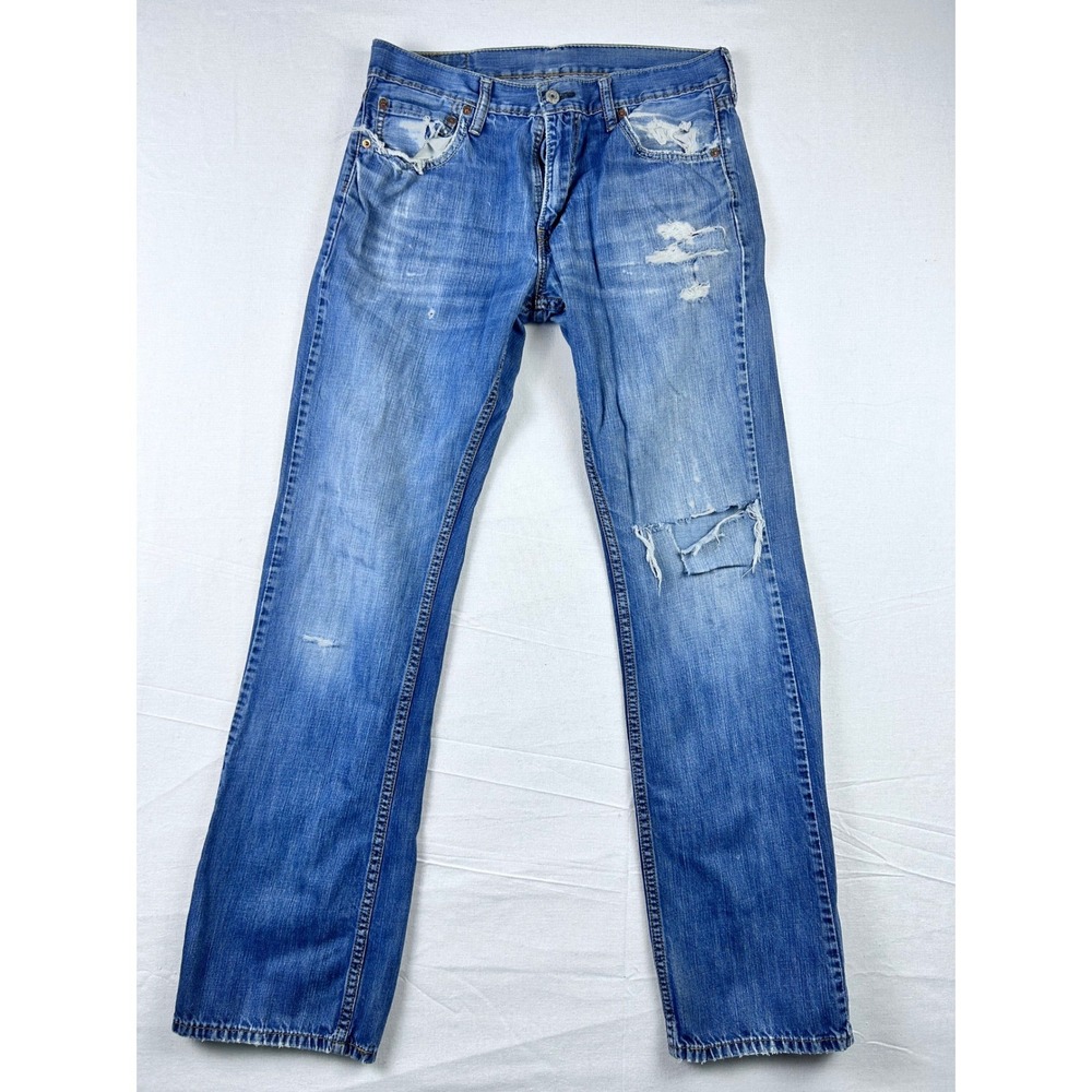 Levis Distressed Denim Jeans Medium Wash Straight‎ Leg Mens 34x30 Ripped Frayed